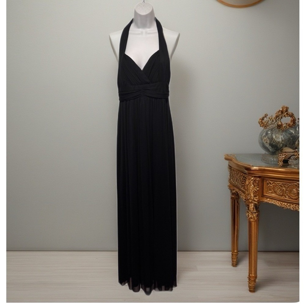 VTG DOLLAR Black Halter Neck Ruched Waist Empire Waist Maxi Dress Large USA